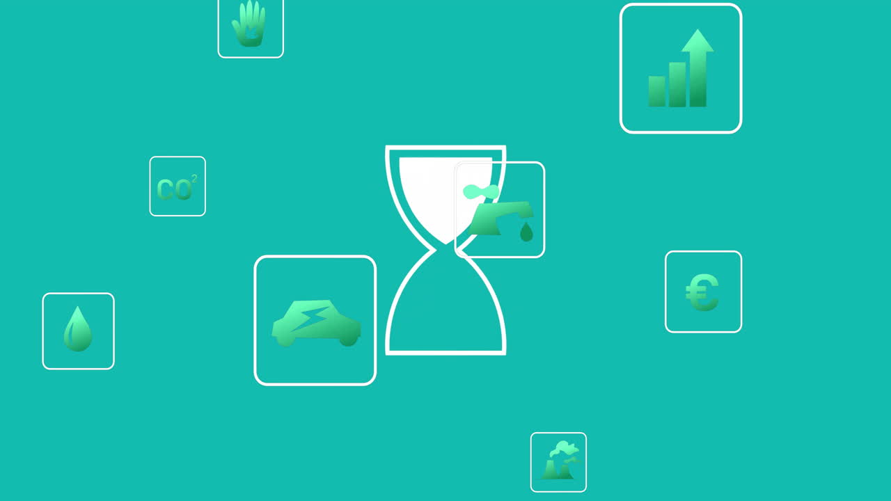 녹색 배경에 환경 상징 애니메이션과 함께 모래시계 아이콘