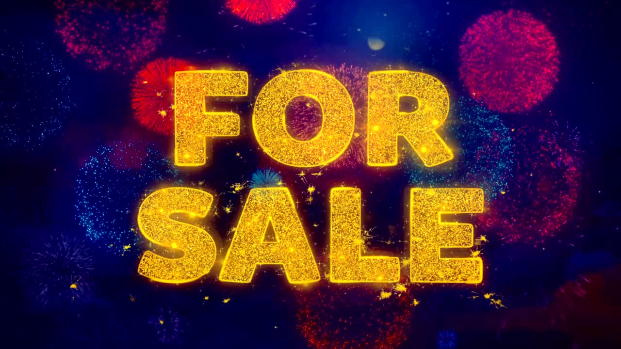 para la venta texto sobre coloridas partículas de explosión de fuegos artificiales.