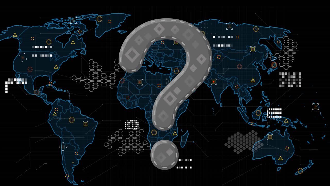 Animation of question mark over world map and icons on black background