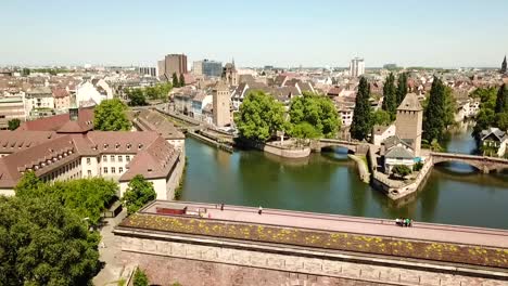 aerial view of the ponts couverts, the covered bridges, in petit france, strassbourg, france, europe