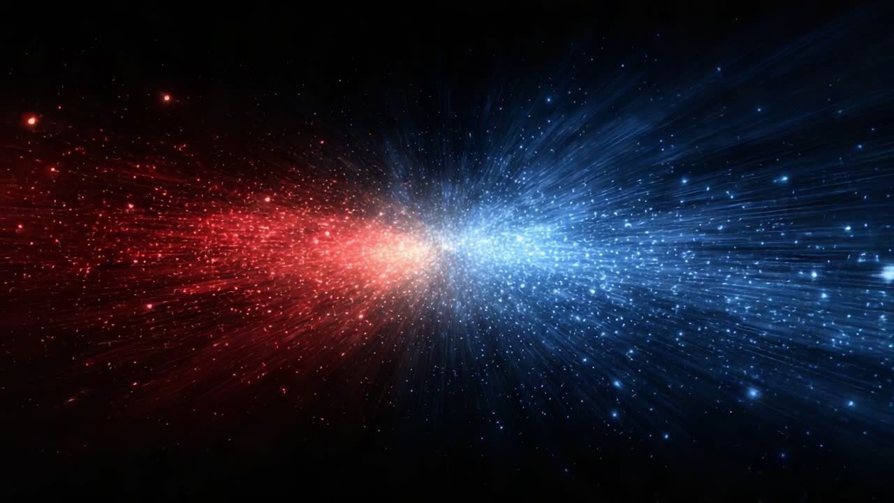 Collisione Dinamica di Energie: Una sorprendente esplorazione visiva di flussi rossi e blu che si fondono in uno spettacolo cosmico di luce e movimento.