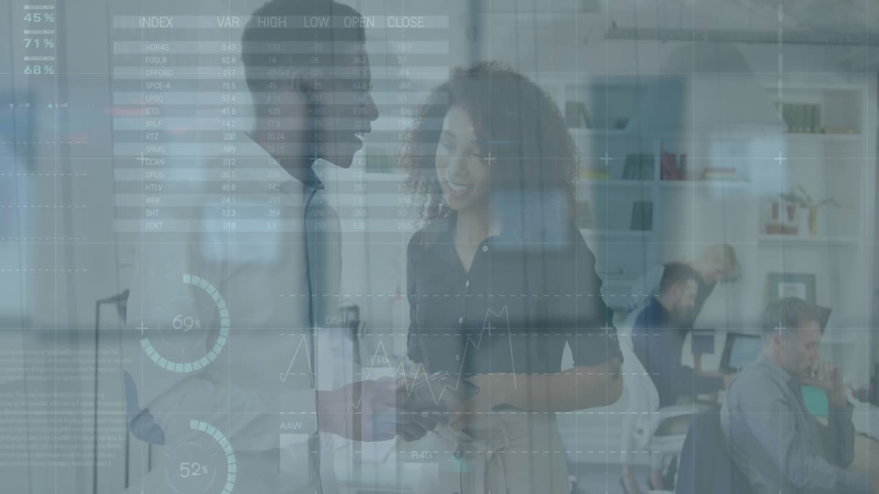 Animation of financial data processing over diverse business people working at office