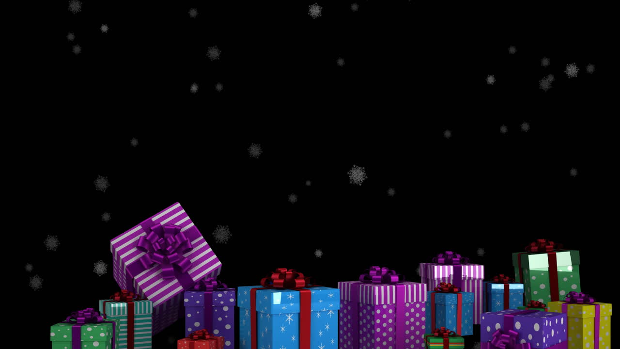 Animation of snow falling over christmas presents on black background