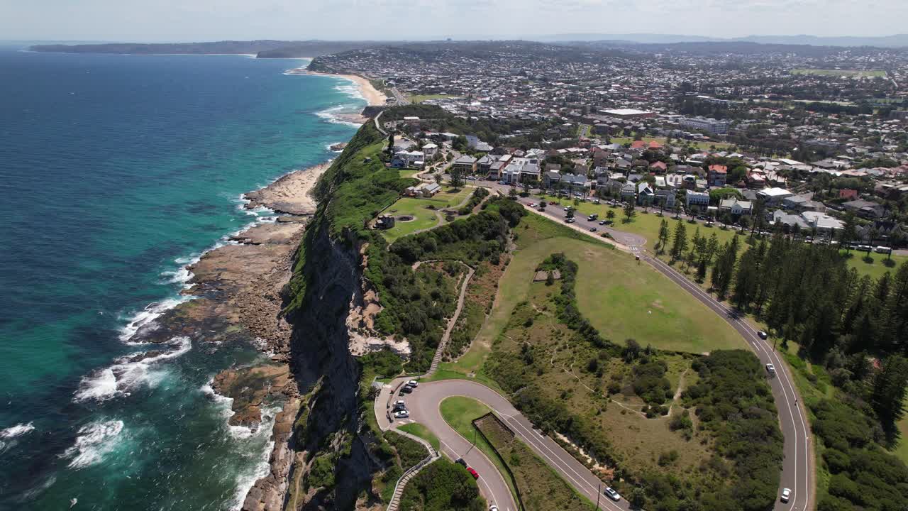 Aerial View Of King Edward Park And Lookout Near Bogey Hole In Newcastle, NSW, Australia. pullback shot