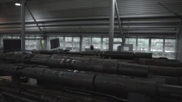Stablede stålborestænger hviler på vandrette reoler inde i et dunkelt industriværksted, med lagdelte metaloverflader, støttestænger, bølgepladeloft, slidte teksturer og funktionelle opbevaringsdetaljer