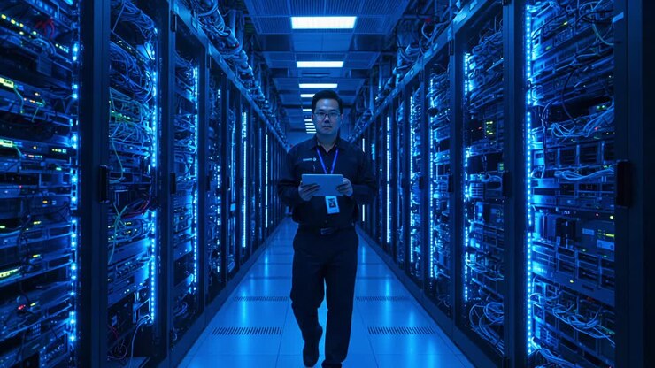 A technician navigates through a high-tech server room, surrounded by illuminated servers, monitoring data and ensuring a seamless technological infrastructure