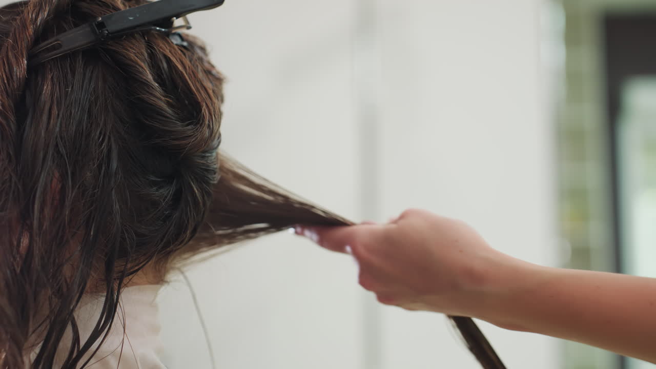 hair treatment grooming, stylist manages damp hair strands, professional cuts and sorts wet hair strands, beauty specialist carefully separates and prepares damp hair for treatment