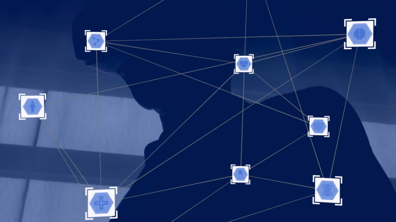 animación de la red de conexiones con iconos sobre empresario caucásico usando auriculares vr