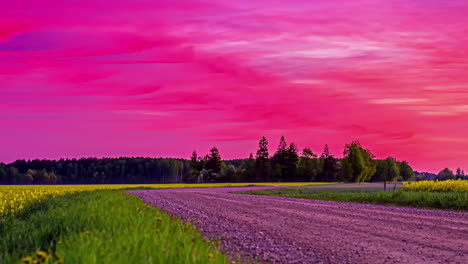 camino de tierra vacío en el campo contra el cielo rojo ardiente del atardecer