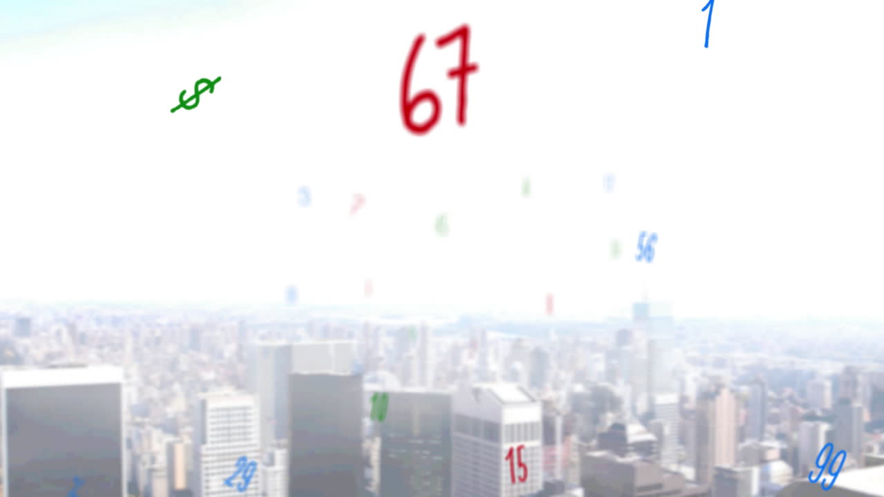 도시 풍경 위에서 떨어지는 숫자의 애니메이션