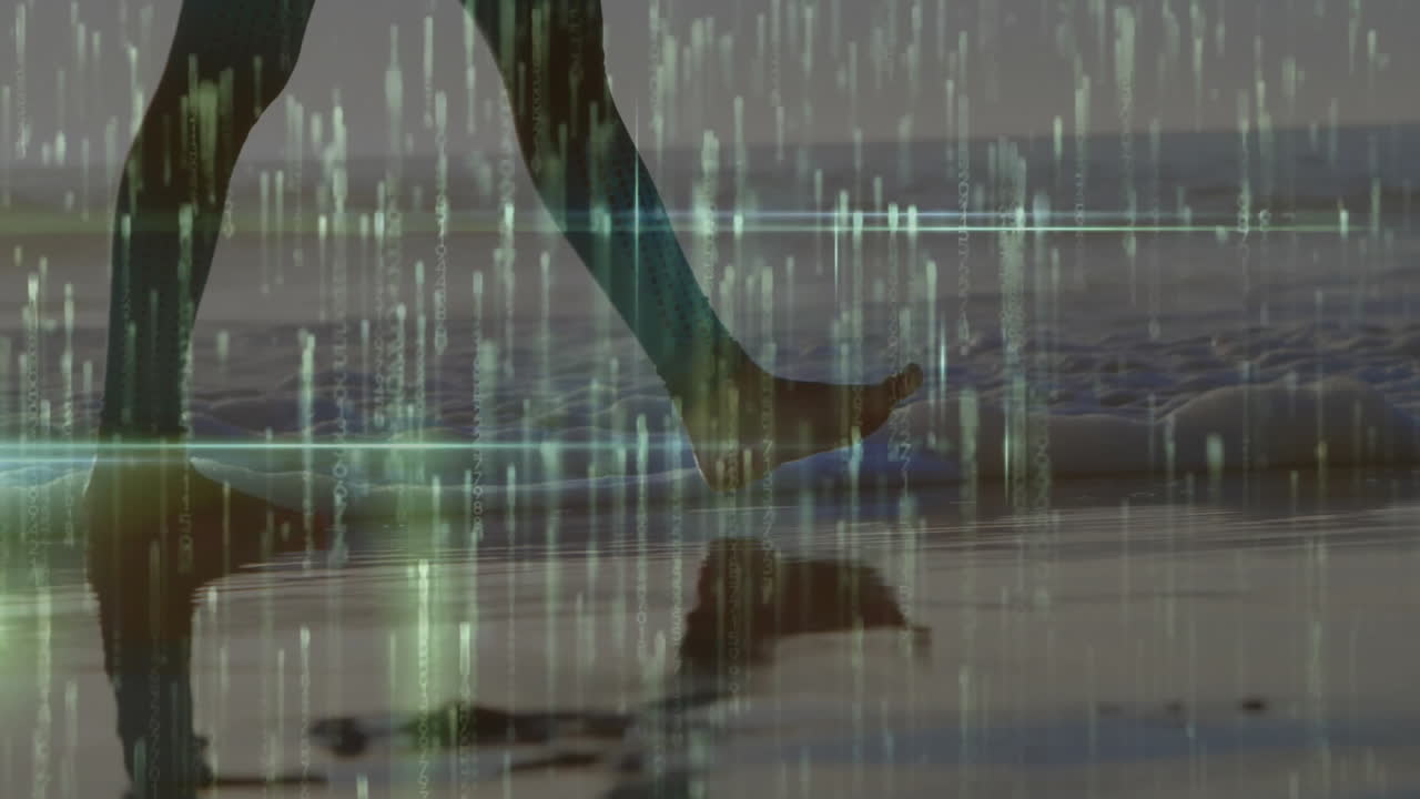 Person walking on beach with digital data processing animation overlay