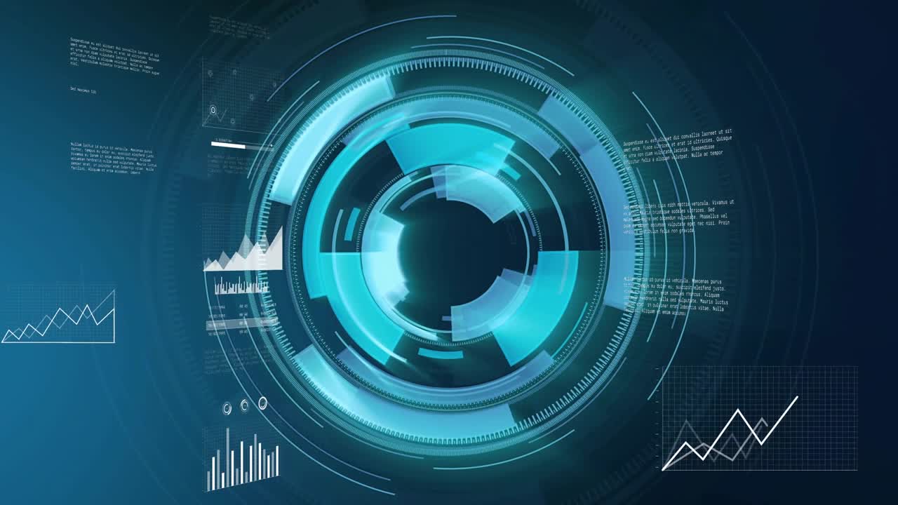 Centered circular HUD receiving data pulse, rotating rings, revealing charts, visualizing trends