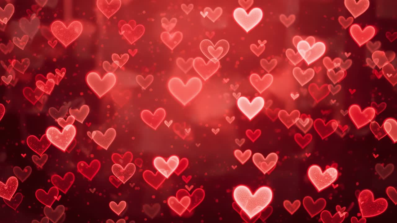 Avanzamento dei fotogrammi, bokeh a forma di cuore rosso-rosa sempre più denso, fluttuante, creando una calda luminosità con riflessi