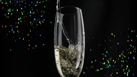 pouring champagne into glass with colorful confetti animation on black background