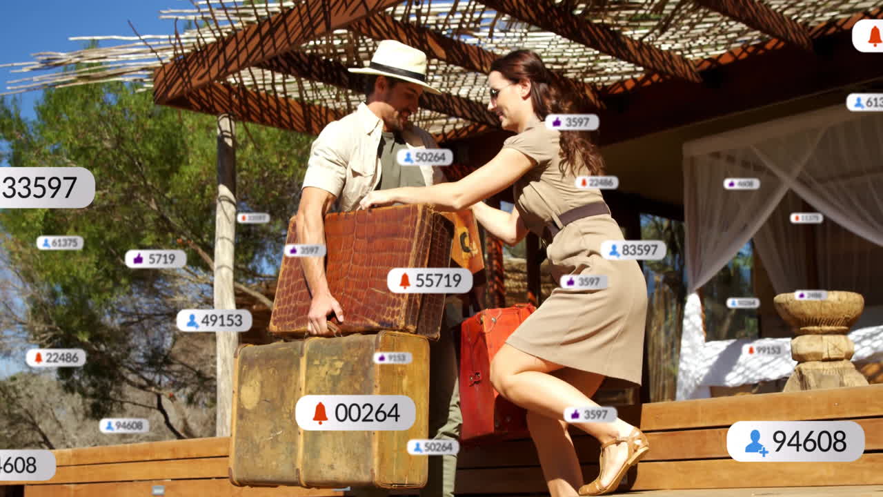 notificaciones de las redes sociales animación sobre una pareja llevando equipaje en vacaciones
