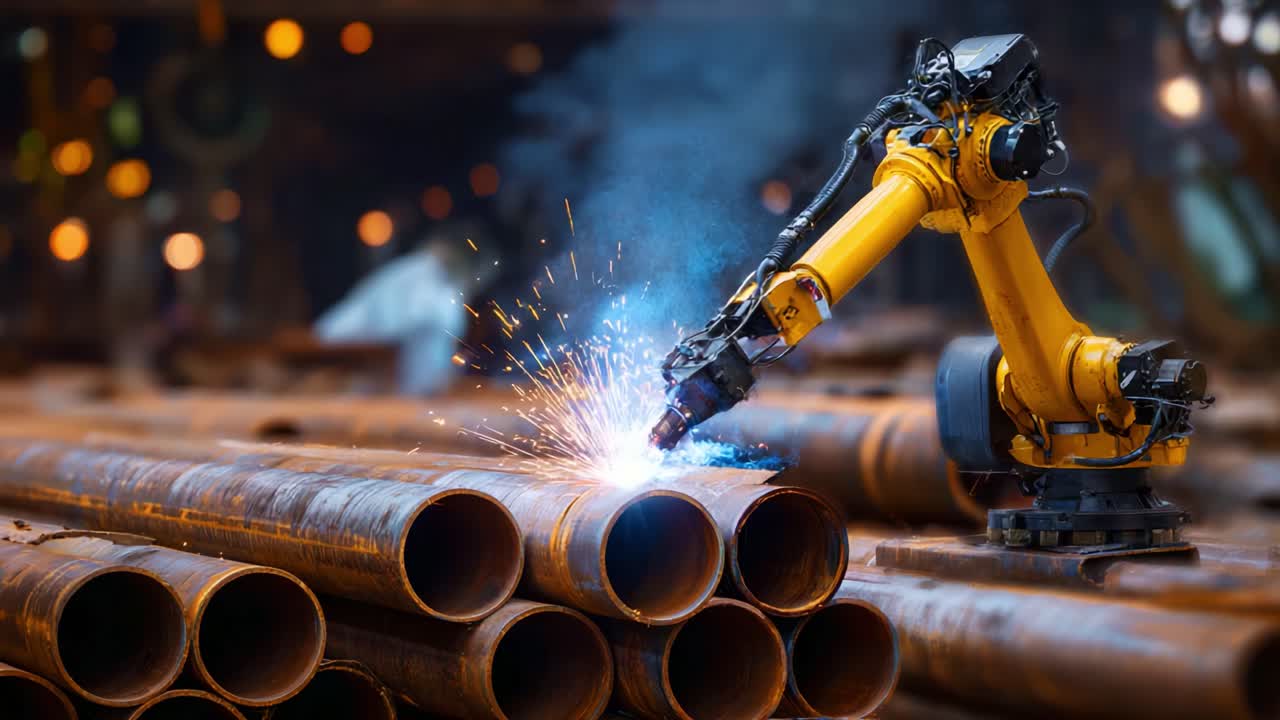 Automated Robotic Arm Welding Pipes in Industrial Environment with Sparks and Copper Tubes Surrounded by Workshop Activity and Tools