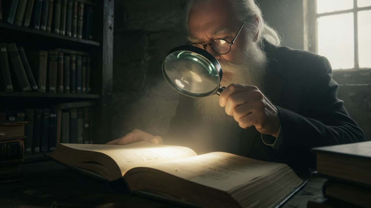 An Elderly Scholar Examines Ancient Texts with a Magnifying Glass in a Dimly Lit Library, Capturing the Essence of Knowledge and Discovery