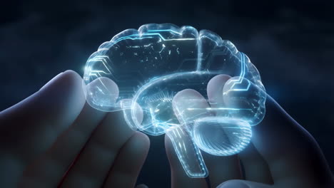 human hands holding a glowing futuristic digital brain