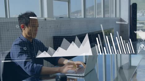 nimation de la interfaz con el procesamiento de datos estadísticos contra el hombre asiático que utiliza la computadora portátil en la oficina