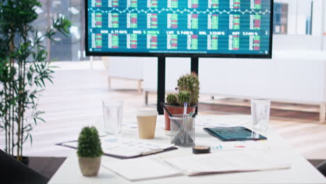 broker trading economic analytics figures on big screen in empty workspace