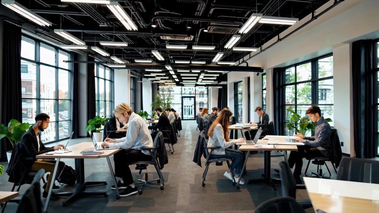 Diverse Professionals Working on Laptops in a Modern Open Plan Office