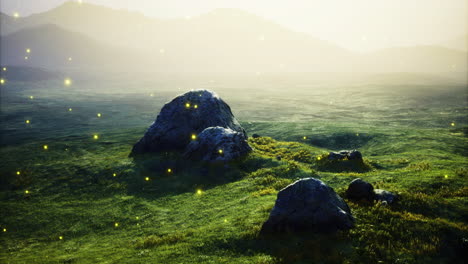 sunlit landscape with rocks and golden particles in serene setting