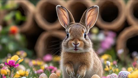 rabbit with flowers and eggs. a playful rabbit sits surrounded by vibrant flowers and decorative eggs, reflecting springtime joy in a garden setting.