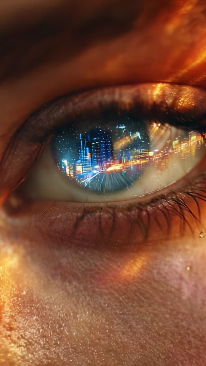 A Close-Up of an Eye Reflecting a Vibrant Cityscape, Merging Natural and Urban Elements in a Striking Visual Representation of Perspective and Emotion