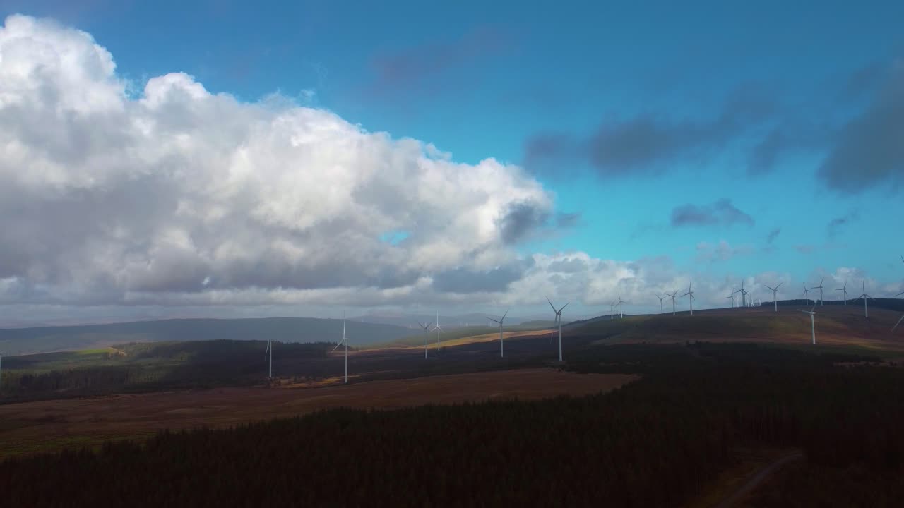 Aerial View of Wind Farm on Sprawling Natural Landscape with Colorful Blue Sky and Large Clouds in the Sky. Renewable Energy Plant with Forest. Electricity Generation with Modern Technology