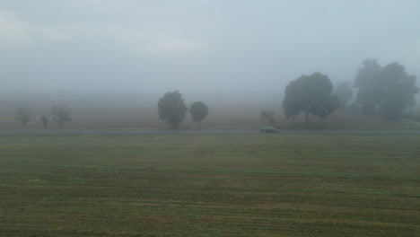 aerial shot of car driving on rural avenue road between mist and forest trees in poland