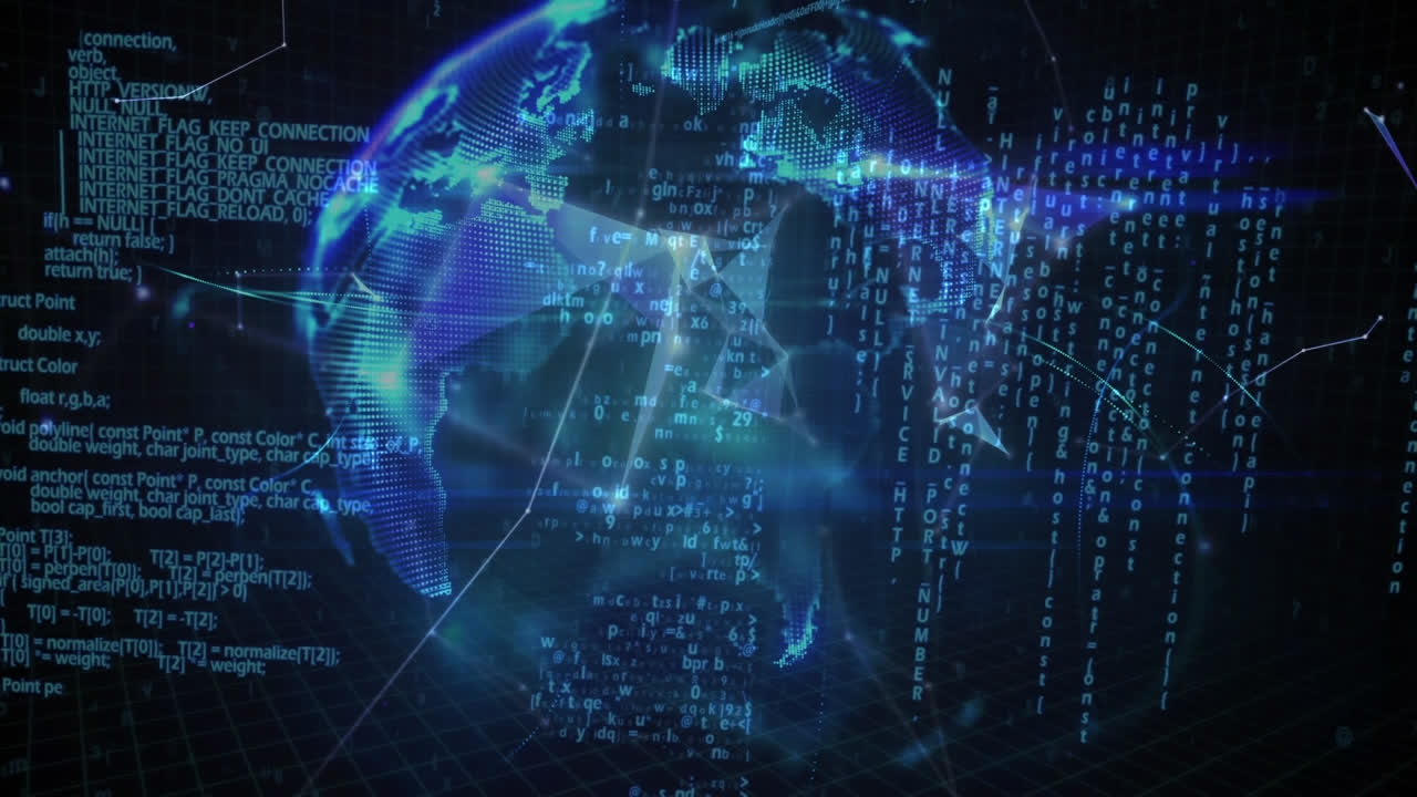 Animazione di rete di connessioni con elaborazione dati su globo