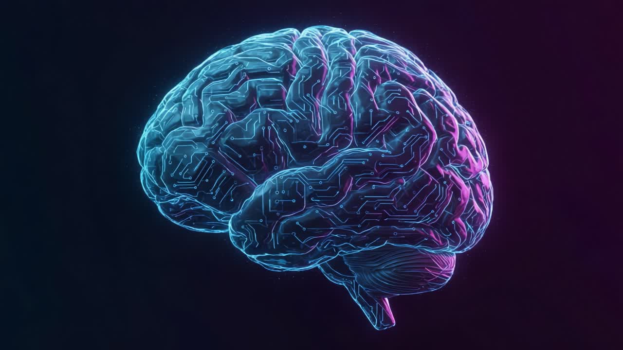 A Stunning Visualization of a High-Tech Brain with Circuit Patterns and a Futuristic Glow, Representing the Intersection of Biology and Technology