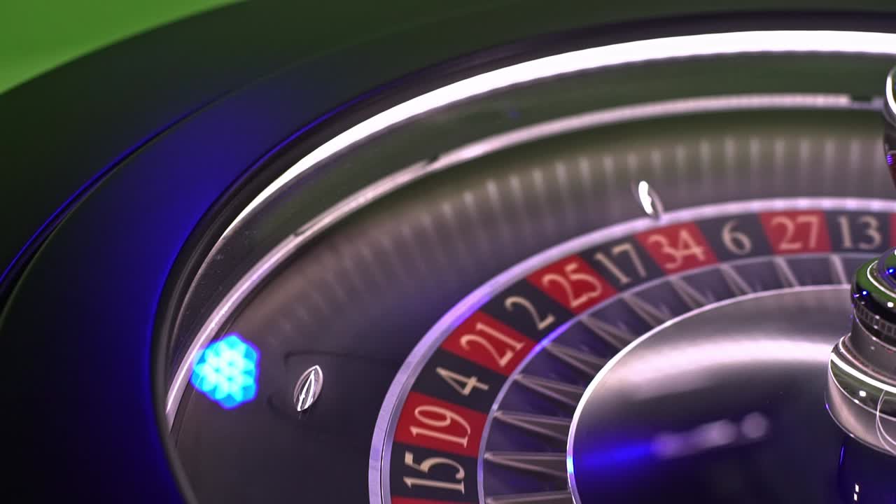 Roulette wheel rapidly spinning, dramatic moment capturing ball settling on specific number amid intense casino gaming environment, showcasing gambling excitement and chance