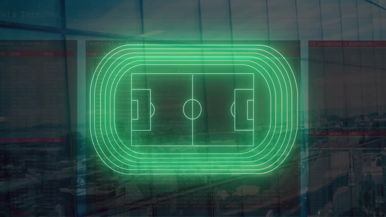 Animation of digital stadium over cityscape
