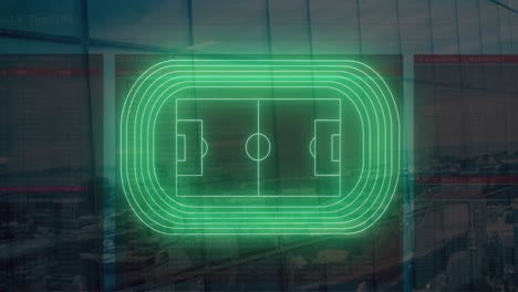 animation of digital stadium over cityscape