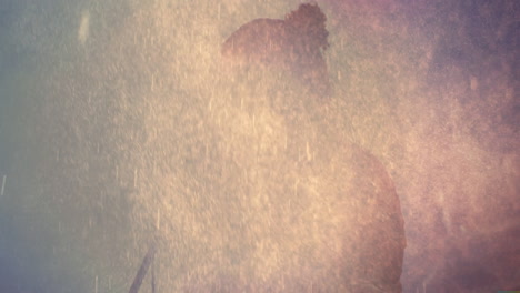 man standing behind mist haze, showcasing music stage environment with animated particles