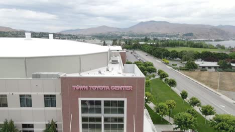 drone shot of the town toyota center in wenatchee, wa usa.