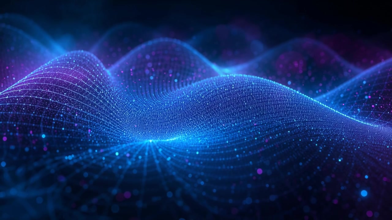 Pulsing energy sending luminous particle-and-grid mesh undulating in virtual scene, with nodes