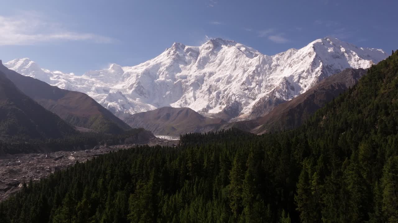 Amazing Hyperlapse Above Beautiful Pine Forest with Nanga Parbat in Background. Fairy Meadows, Pakistan