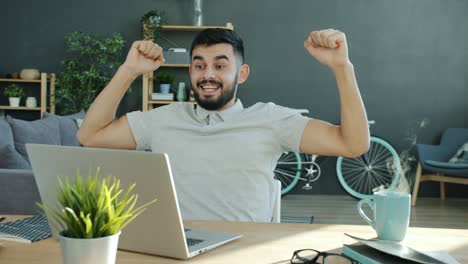 ciclo de cinemagraph de trabajador independiente emocionado recibiendo buenas noticias mirando la pantalla de la computadora portátil en casa