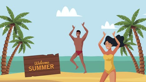 welcome summer lettering with couple celebrating