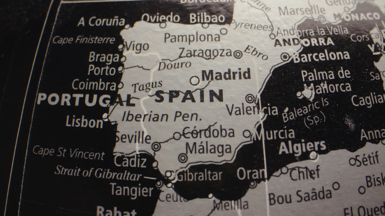 Close-up view of the Iberian Peninsula on a map, highlighting Spain, Portugal, and major cities