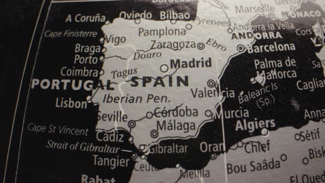 close-up view of the iberian peninsula on a map, highlighting spain, portugal, and major cities