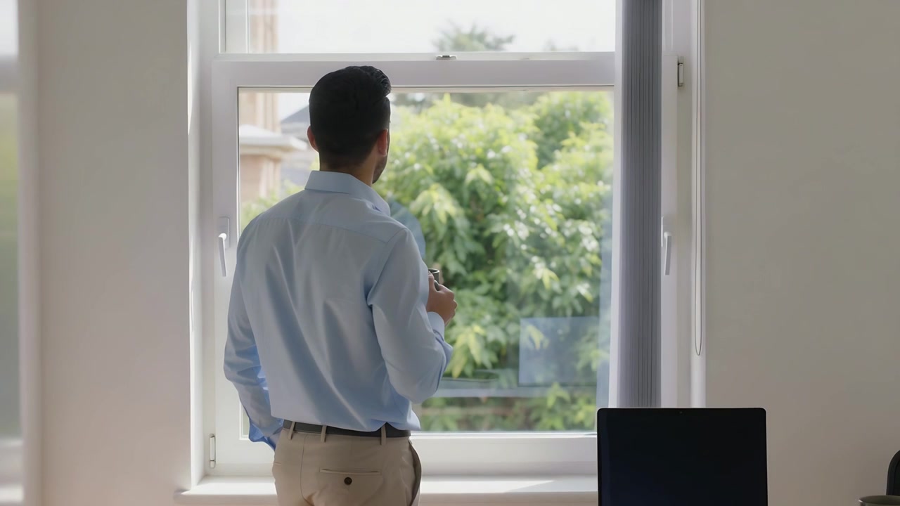 Starting man looking out home office window, holding ceramic mug, wearing blue shirt on break