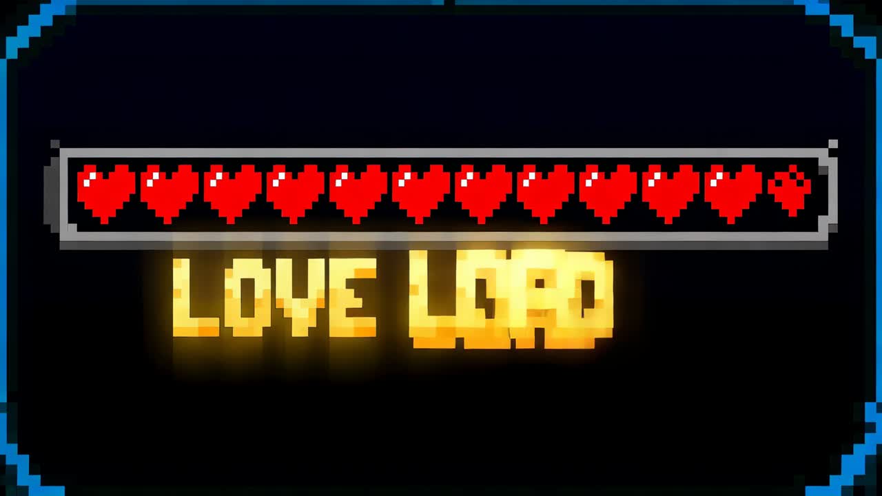 Comenzando a rellenar la barra de 8 bits hacia la izquierda con corazones rojos; en el centro, en blanco, pone CARGANDO y, en dorado, AMOR CARGADO