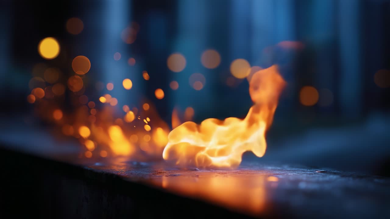 Stunning Flames Dancing on a Surface, Showcasing Warmth and Light with Glowing Sparks in a Dimly Lit Environment, Creating an Enchanting Visual Display