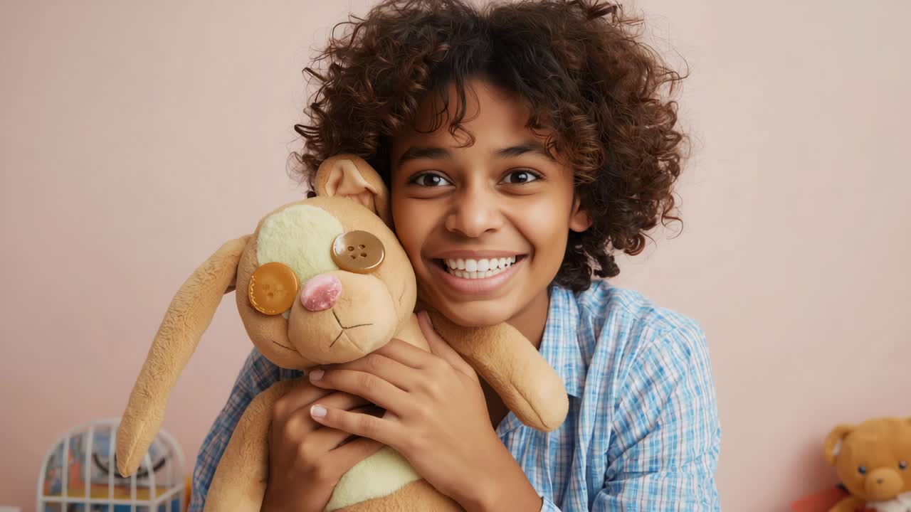 Adolescente sorridente in camicia a quadri che risponde alla camera, abbraccia un coniglio di peluche e inclina la testa in camera da letto