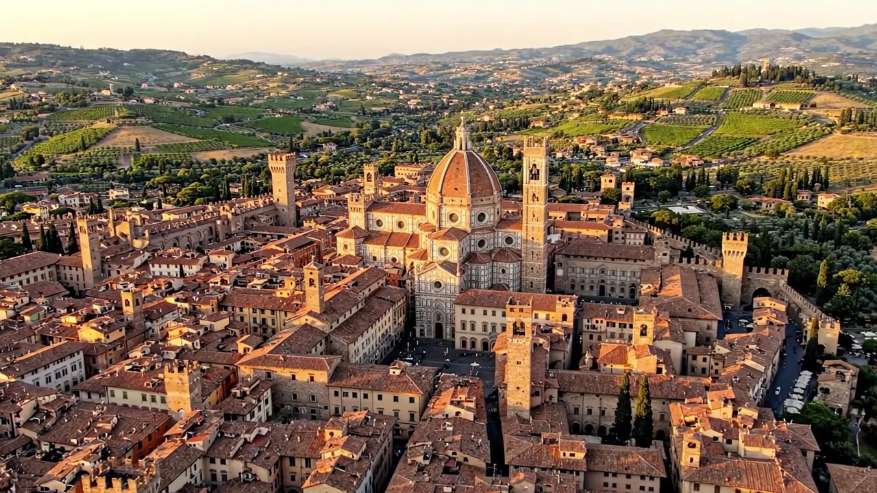 Vista aerea di una bellissima città medievale circondata da lussureggianti colline verdi, che mostra architettura storica e tetti vivaci al tramonto.