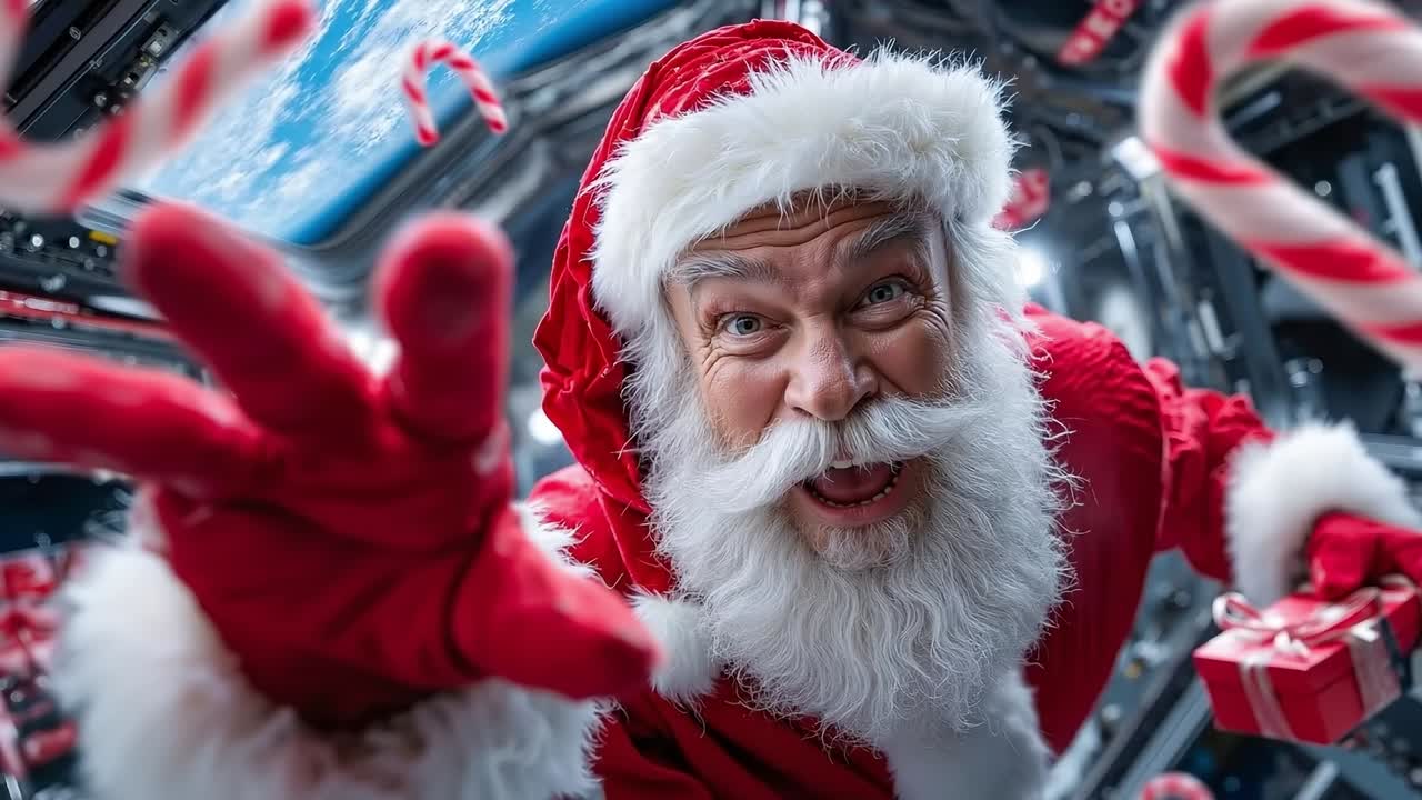 A man dressed as Santa Claus in a space station with candy canes
