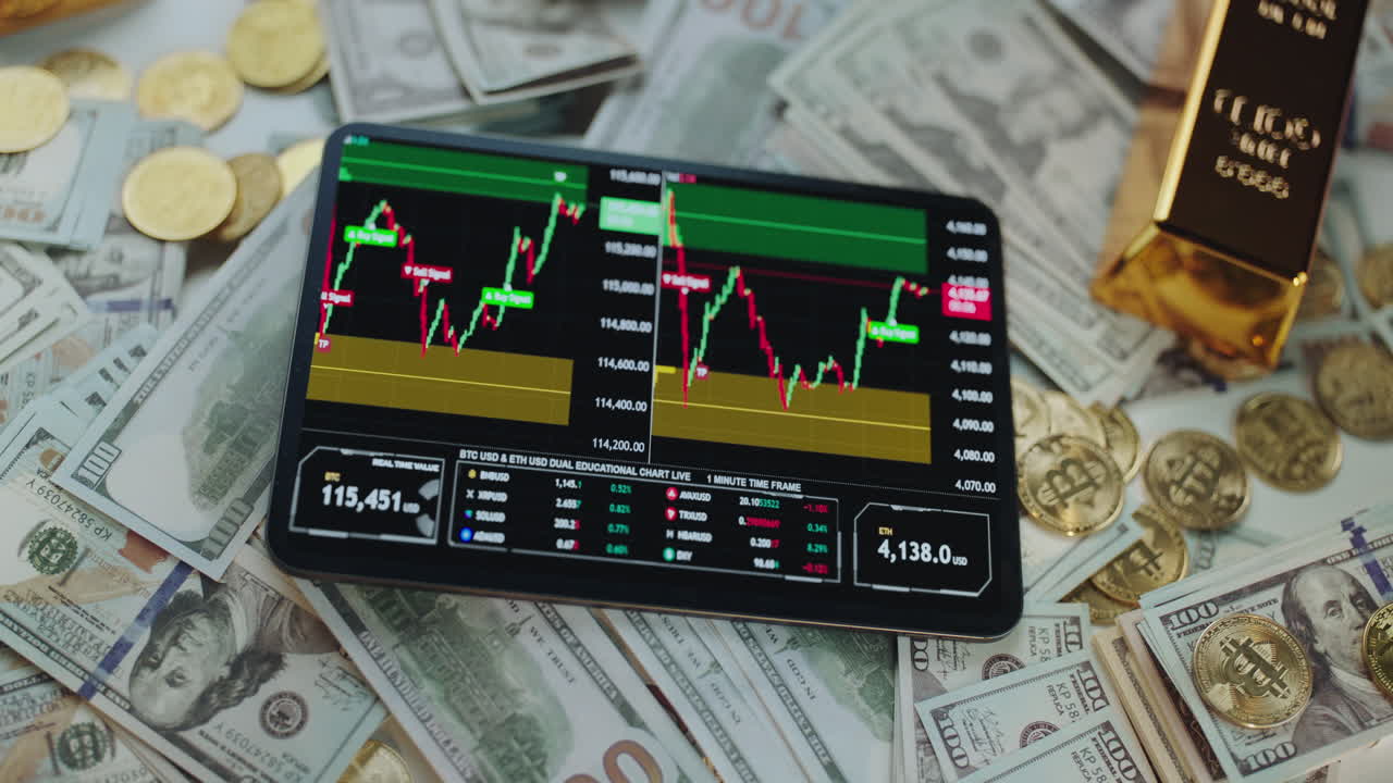 Wealth and Investment: A close-up of money, gold, bitcoin, and a stock market display